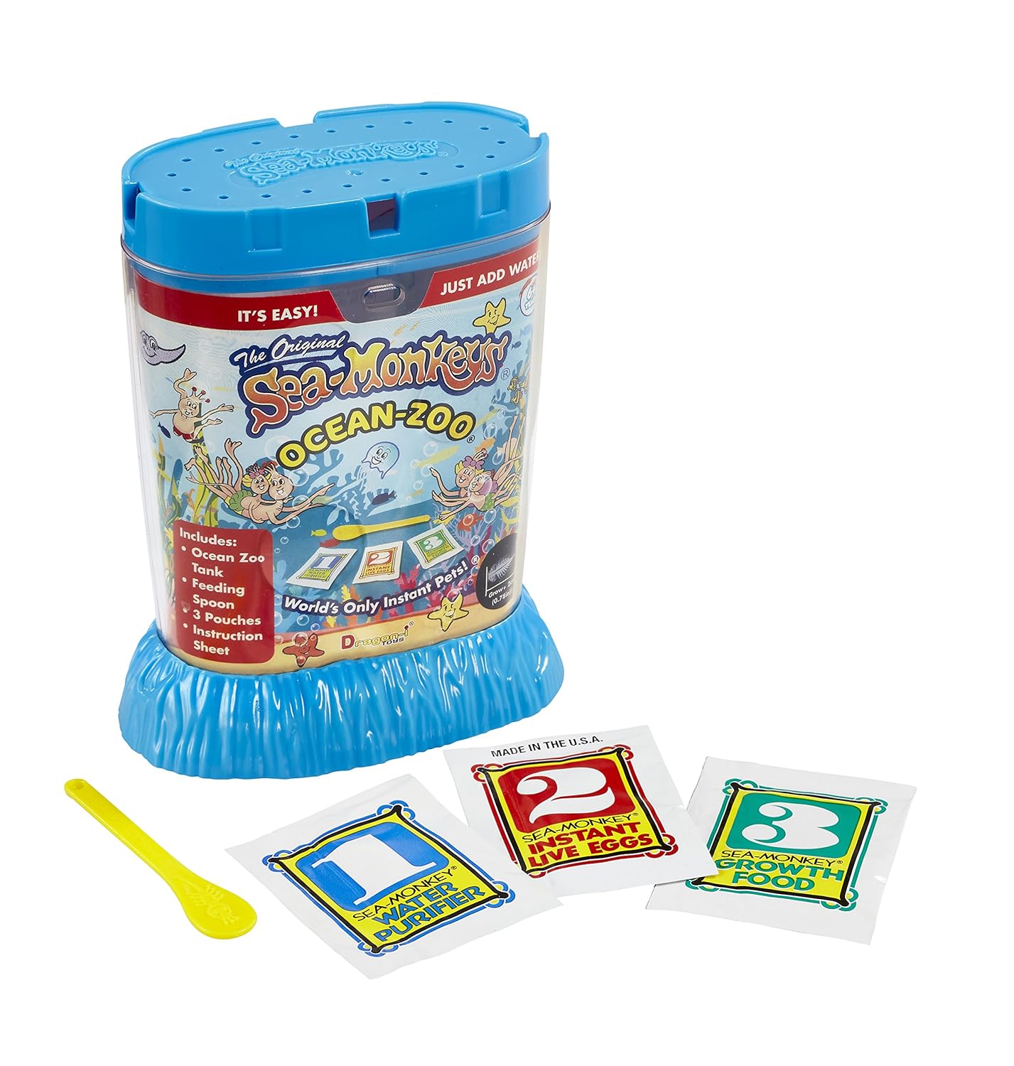 Sea Monkeys Ocean Zoo by Schylling- Instant Pets - Colors Blue, Purple, Teal kit Black Eye Brine Shrimp Aquarium