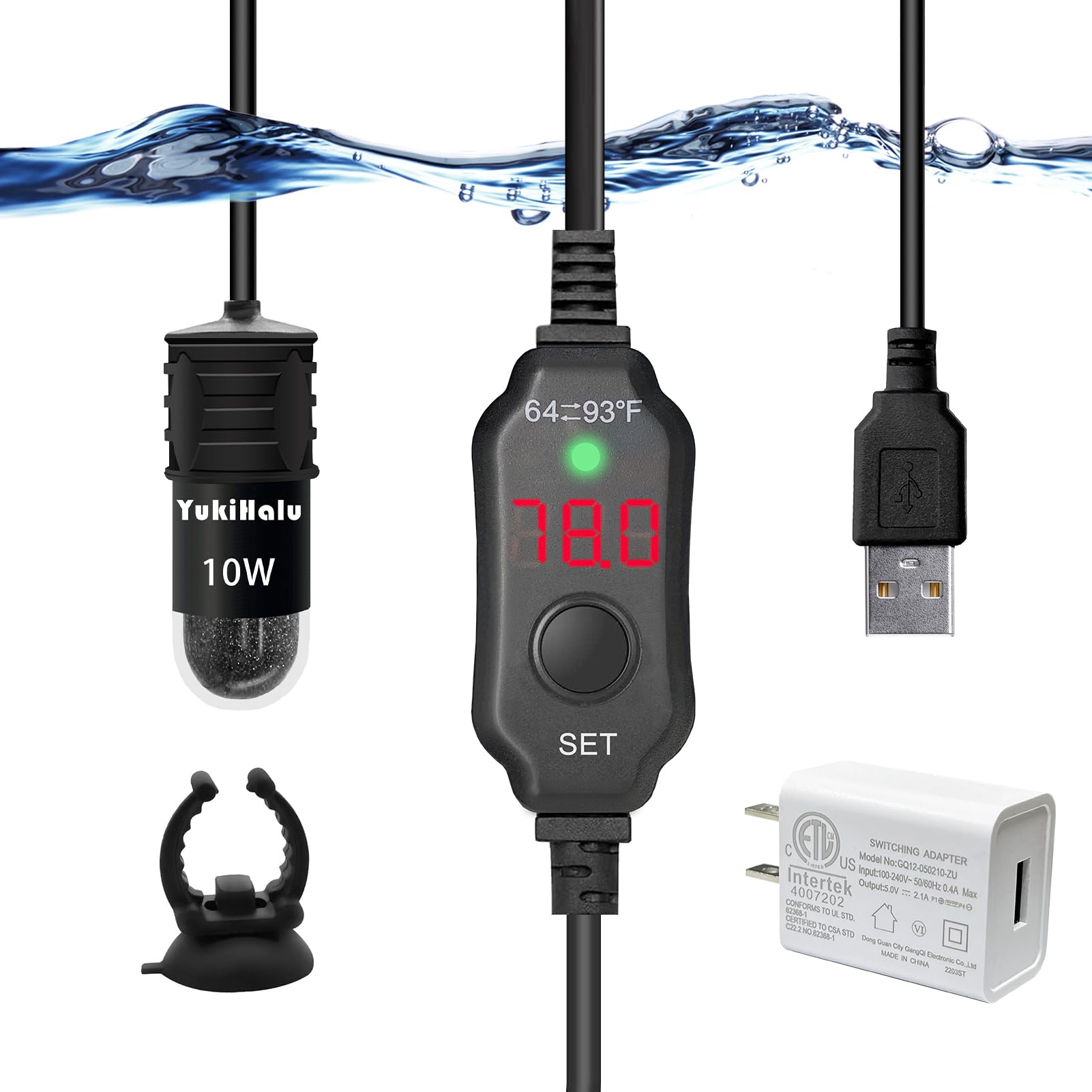 YukiHalu USB Powered Aquarium Heater, 10W Adjustable Mini Fish Tank Heater with External Temperature Controller, LED Display, Used for 0.5-1 Gallon Tank (10W USB)